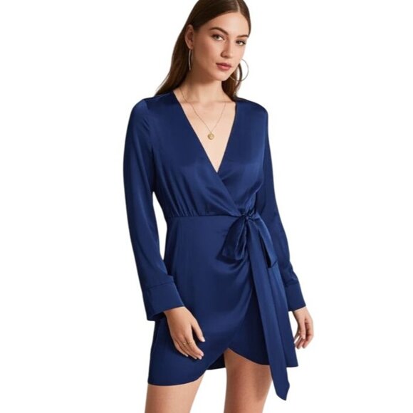 & Other Stories Dresses & Skirts - & Other Stories Paris Atelier Blue Satin Wrap Dress Long Sleeve VNeck Tie Waist
